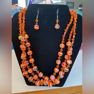 Vintage Lucite Necklace And Earrings Orange White